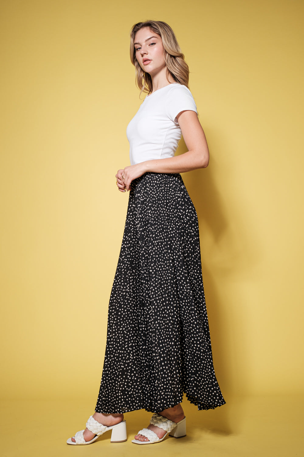 Ladies Ces Femme Dotted Pattern Pleated Long Skirt