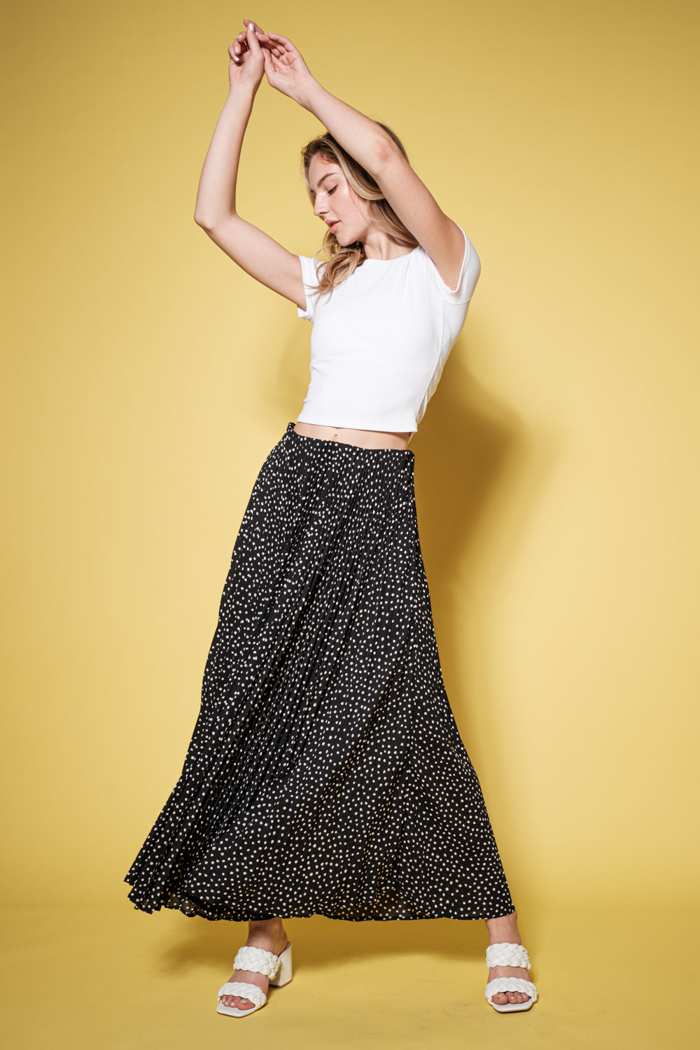 Ladies Ces Femme Dotted Pattern Pleated Long Skirt