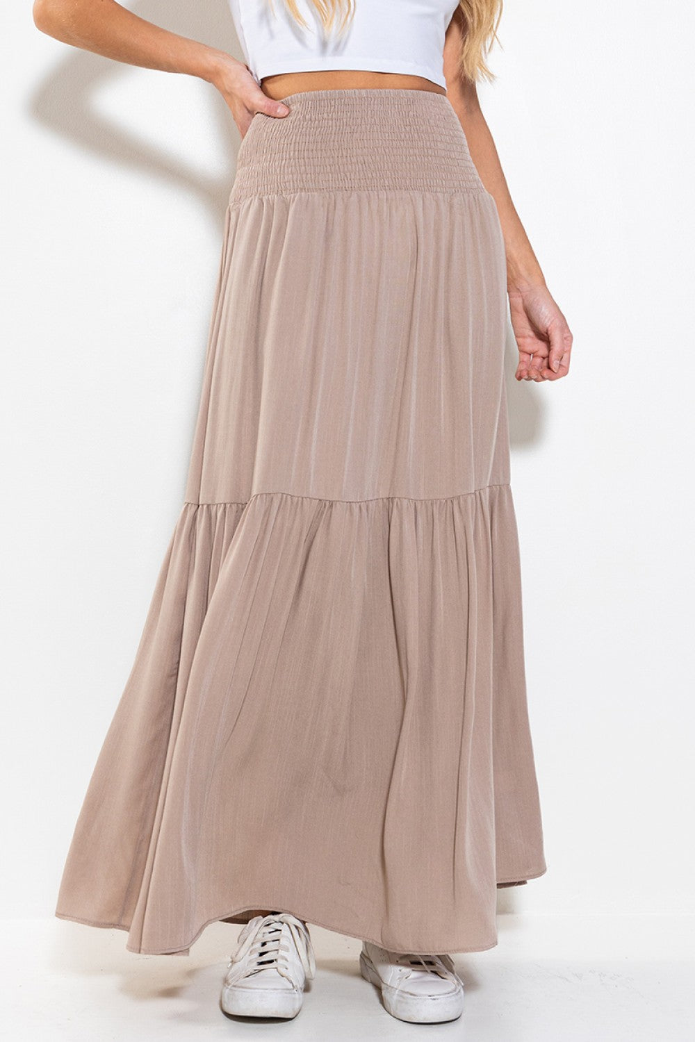 Ladies Ces Femme Smoking Waist Tiered Maxi Skirt