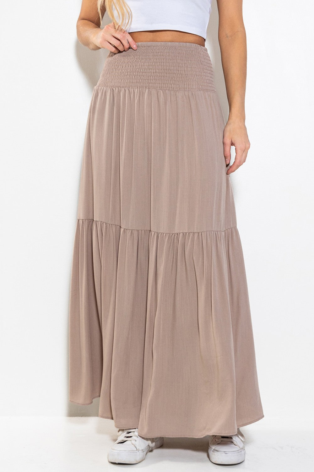 Ladies Ces Femme Smoking Waist Tiered Maxi Skirt