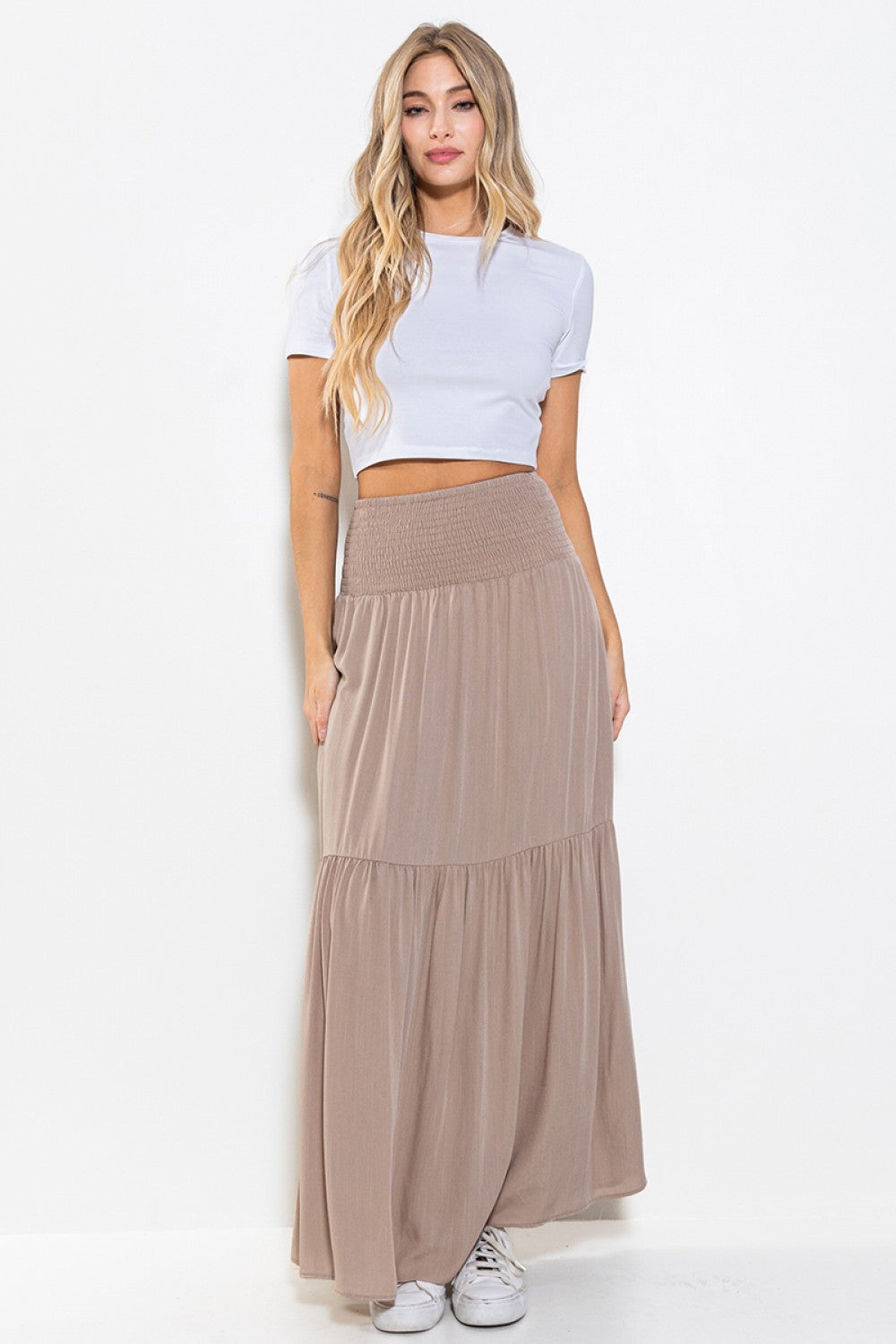 Ladies Ces Femme Smoking Waist Tiered Maxi Skirt