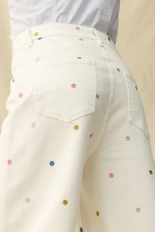 Ladies BAYEAS High Rise Wide Leg Pants with Flowers-White