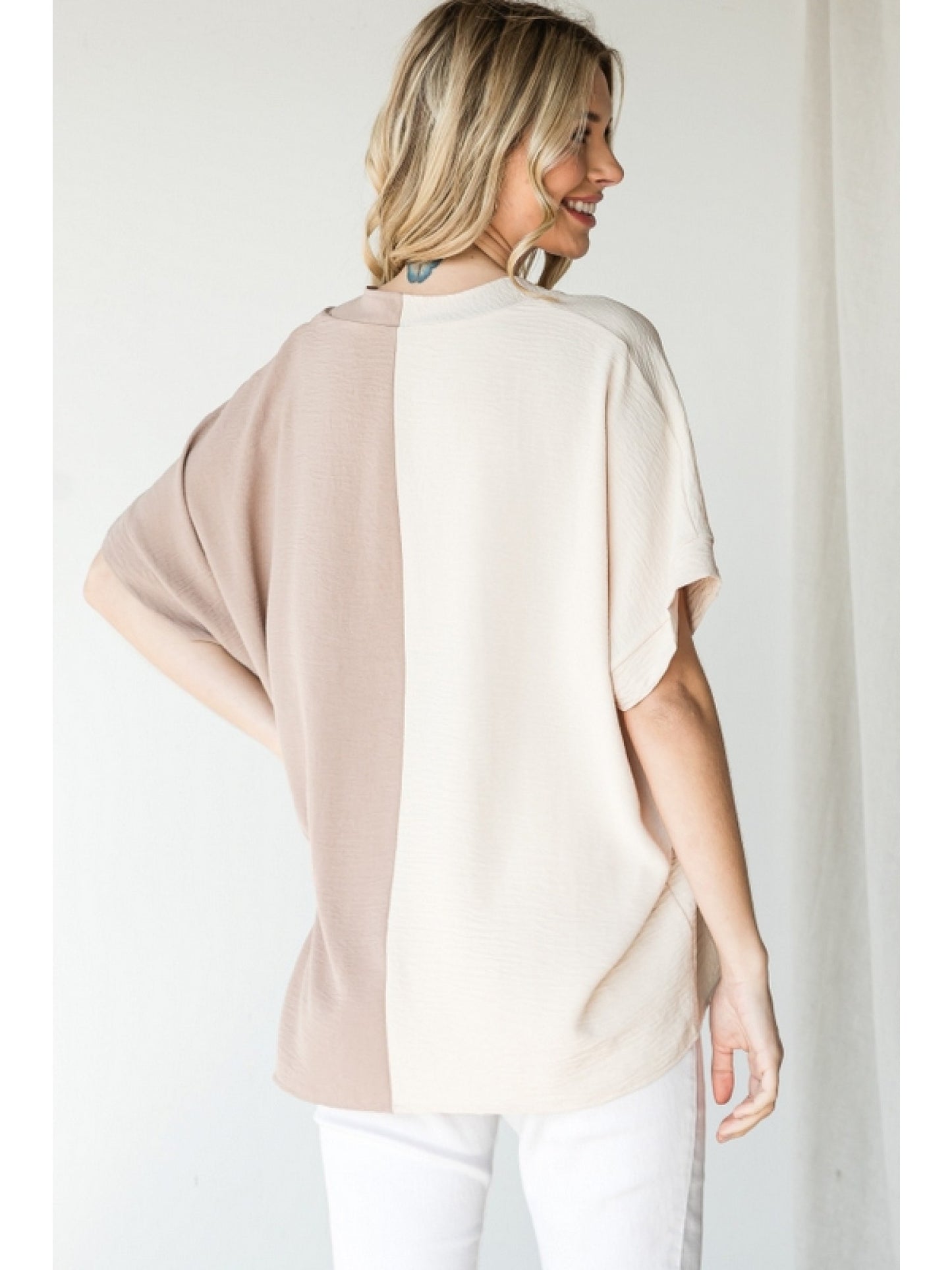 Ladies Solid Duo-Tone Colorblock Boxy Top with V-Neckline by JODIFL
