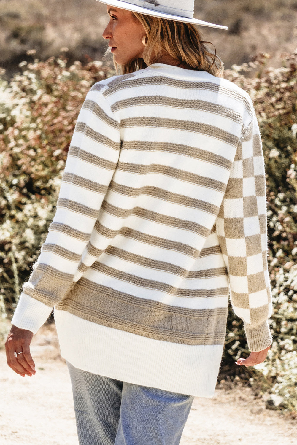 Ladies Smoke Gray Gingham Striped Knitted Open Front Cardigan