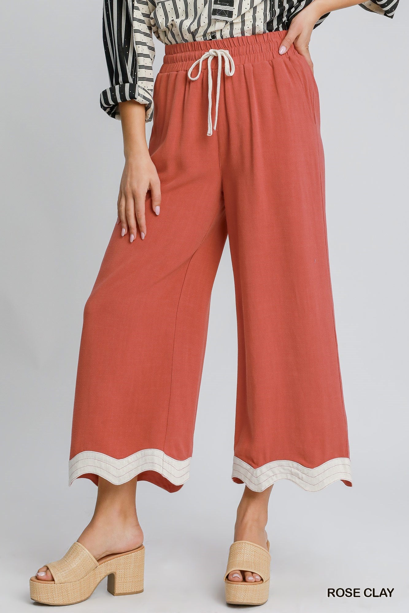 Ladies Umgee Linen Scalloped Hem Pants - Rose Clay