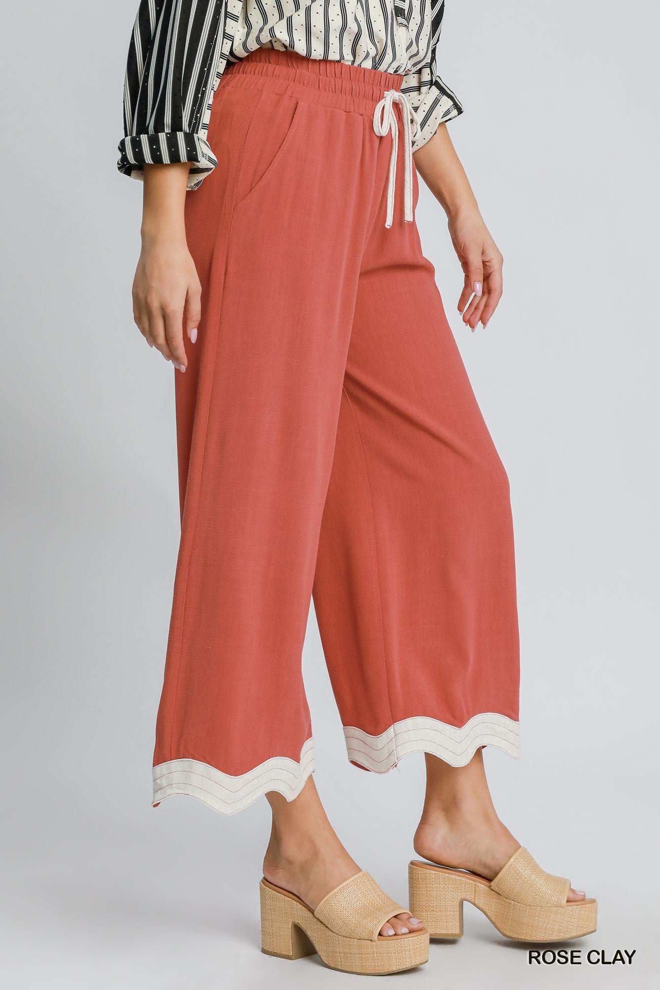 Ladies Umgee Linen Scalloped Hem Pants - Rose Clay