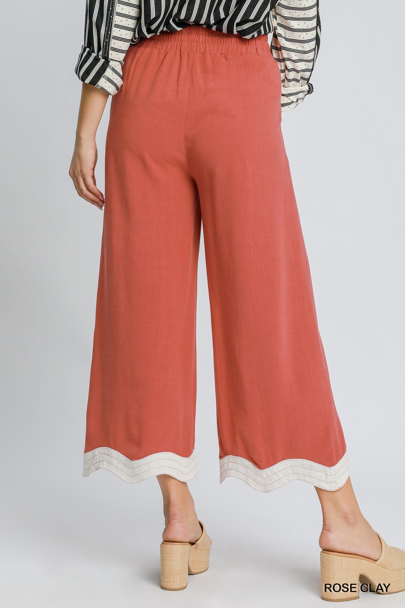 Ladies Umgee Linen Scalloped Hem Pants - Rose Clay