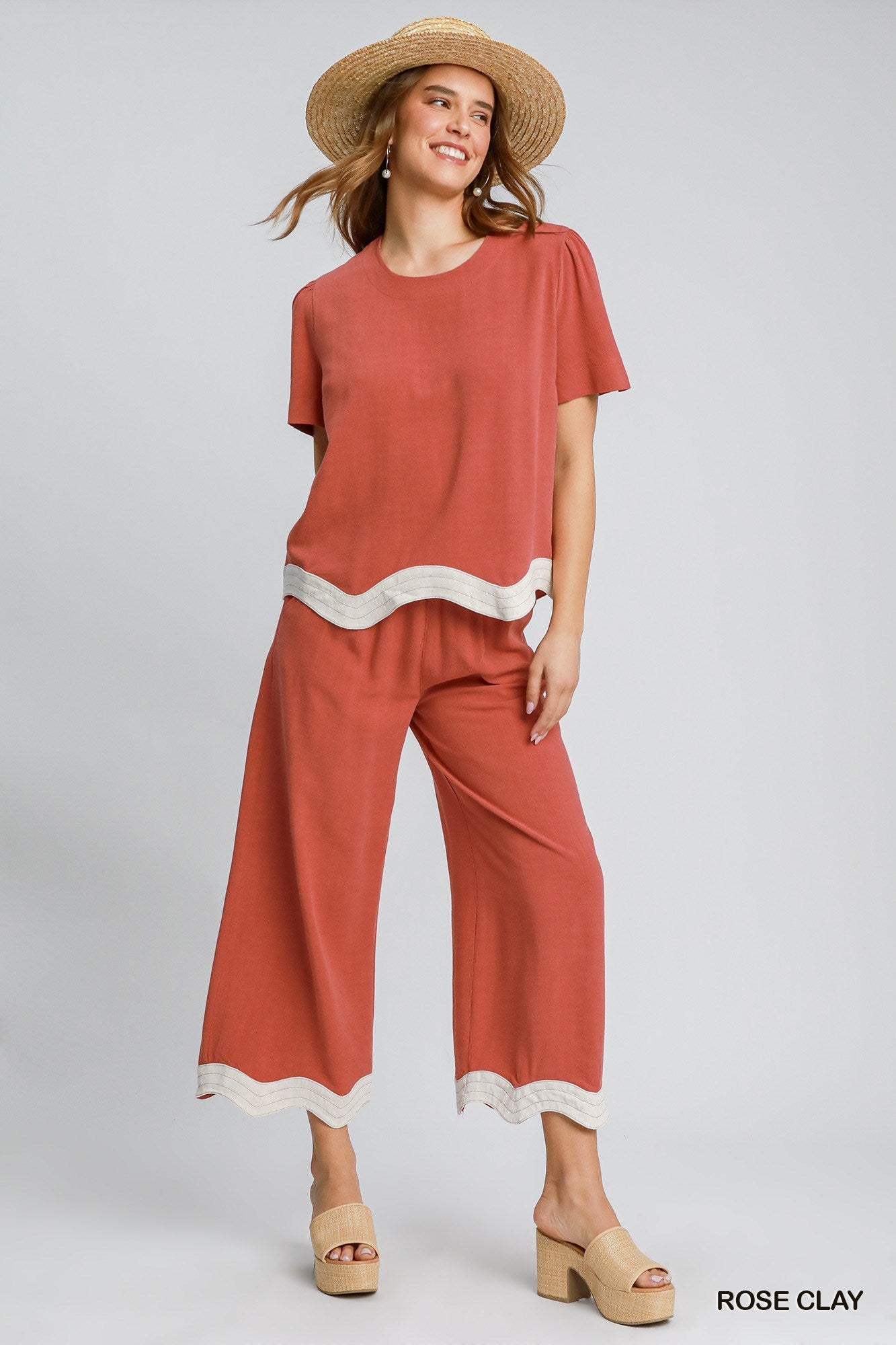 Ladies Umgee Linen Scalloped Hem Pants - Rose Clay