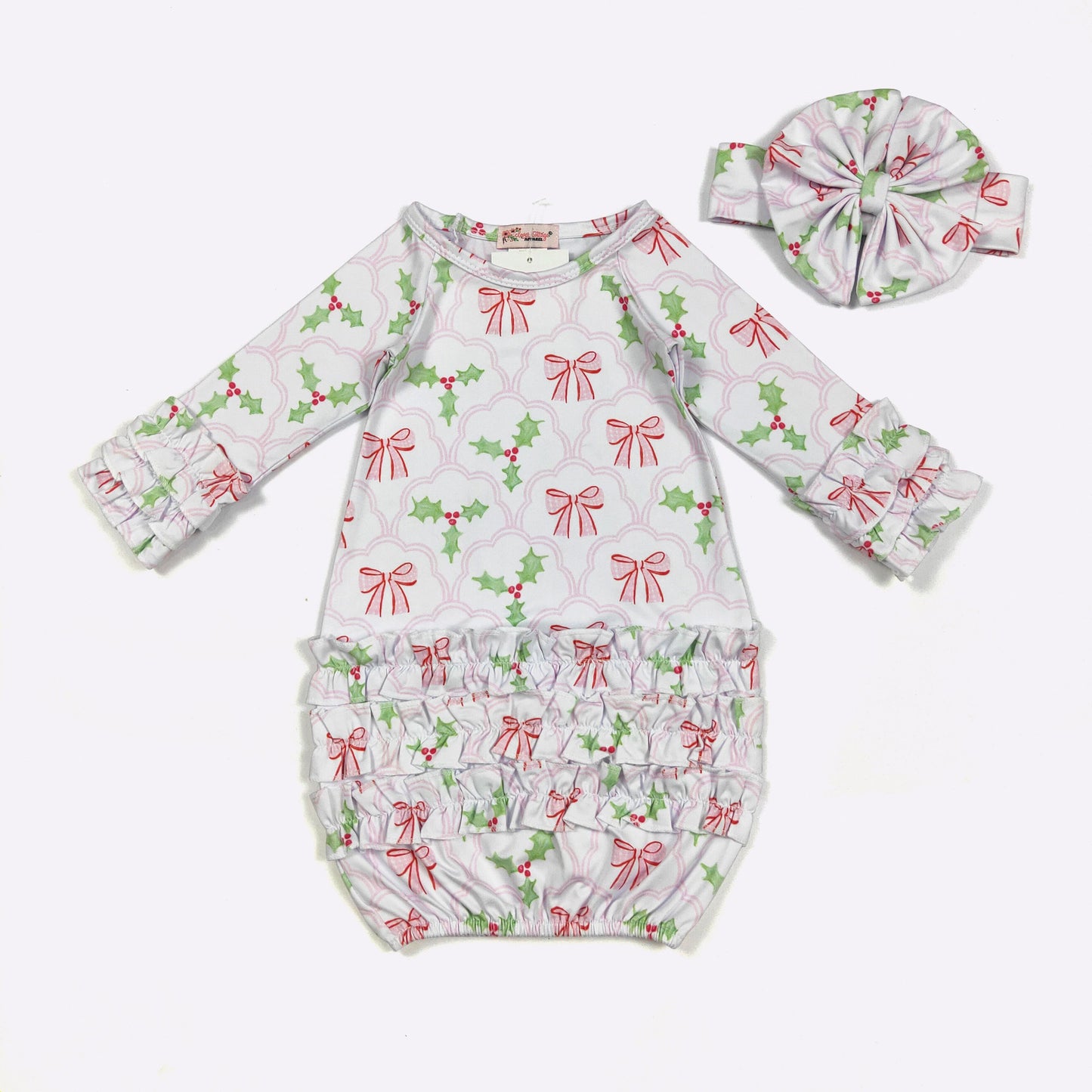 Baby Girls Clover Cottage Bows & Mistletoes Baby Gown