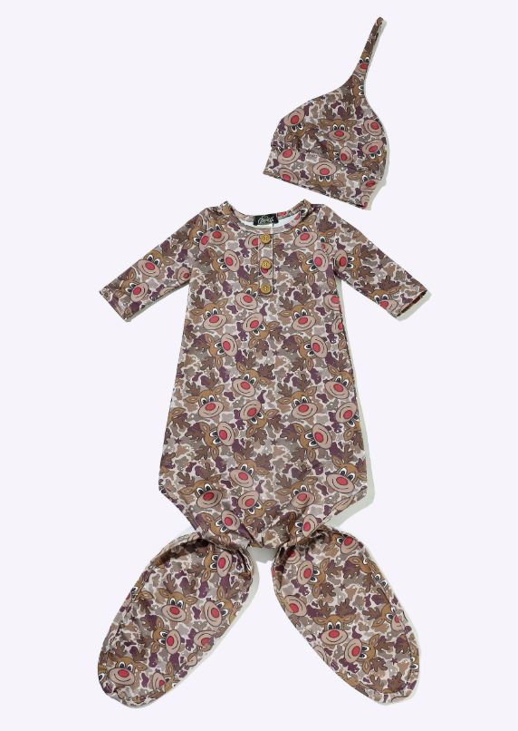 Babies Camo Reindeer Knotted Baby Gown by Clover Cottage