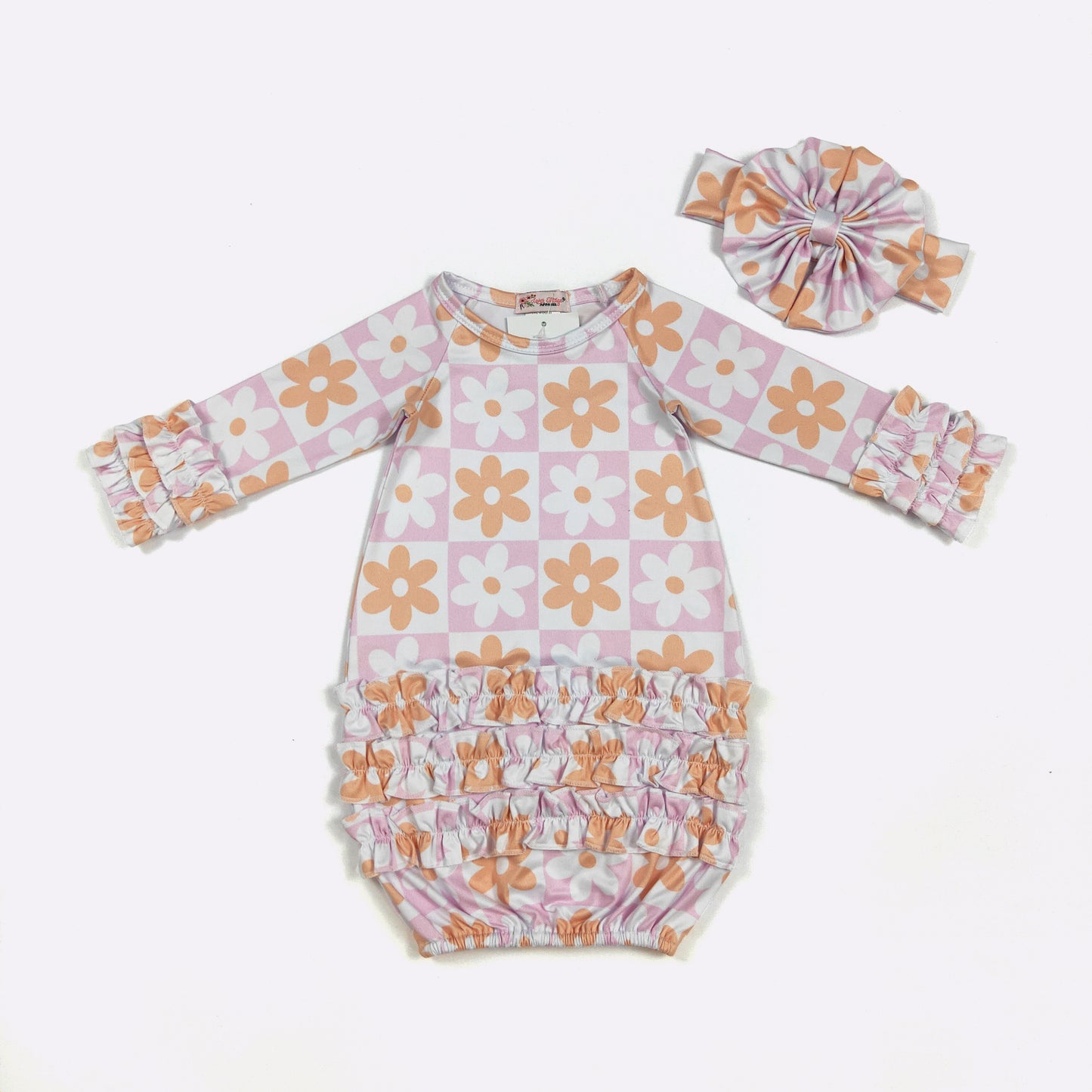 Baby Girls Clover Cottage Checkered Daisy Baby Gown