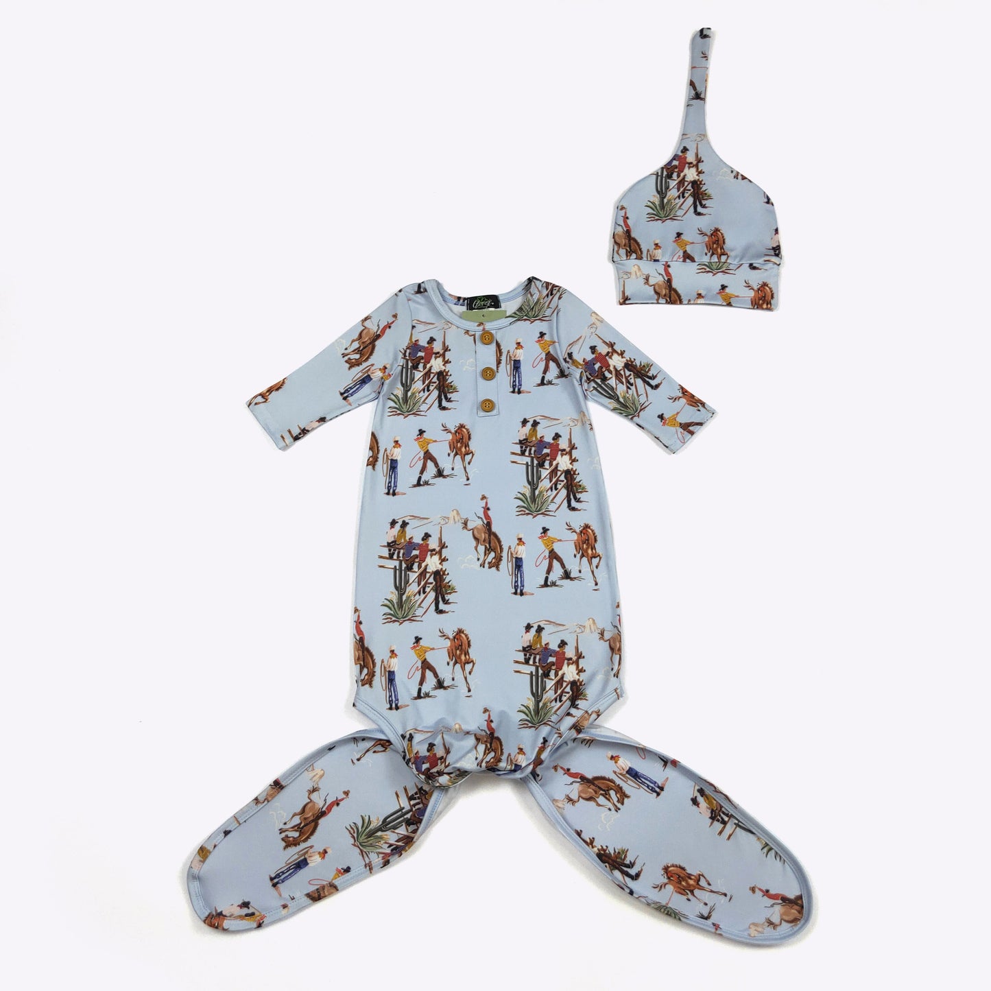 Babies Blue Dude Ranch Knotted Baby Gown by Clover Cottage