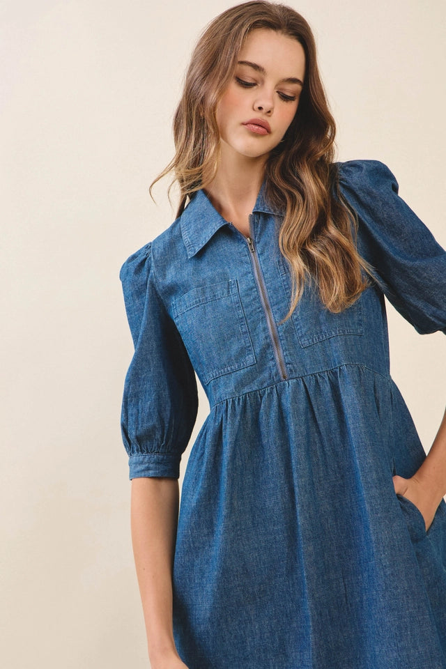 Ladies Front Zip Up Puff Sleeves A Line Denim Midi Dress
