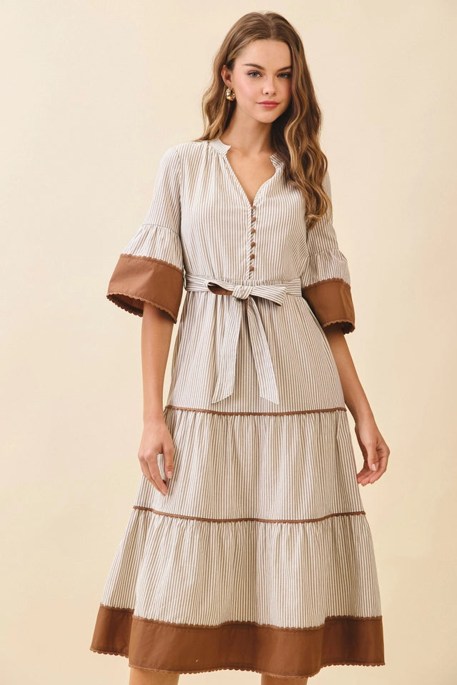 Ladies Striped Split Neck Contrast Trim Detail Midi Dress-Beige