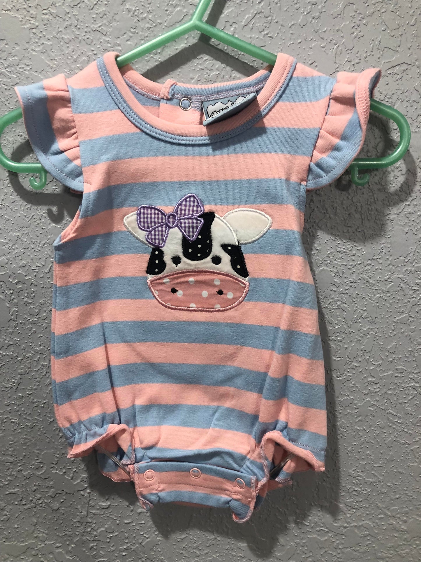 Girls Blue/Pink Stripe Romper w/Cow Applique by Three Sisters