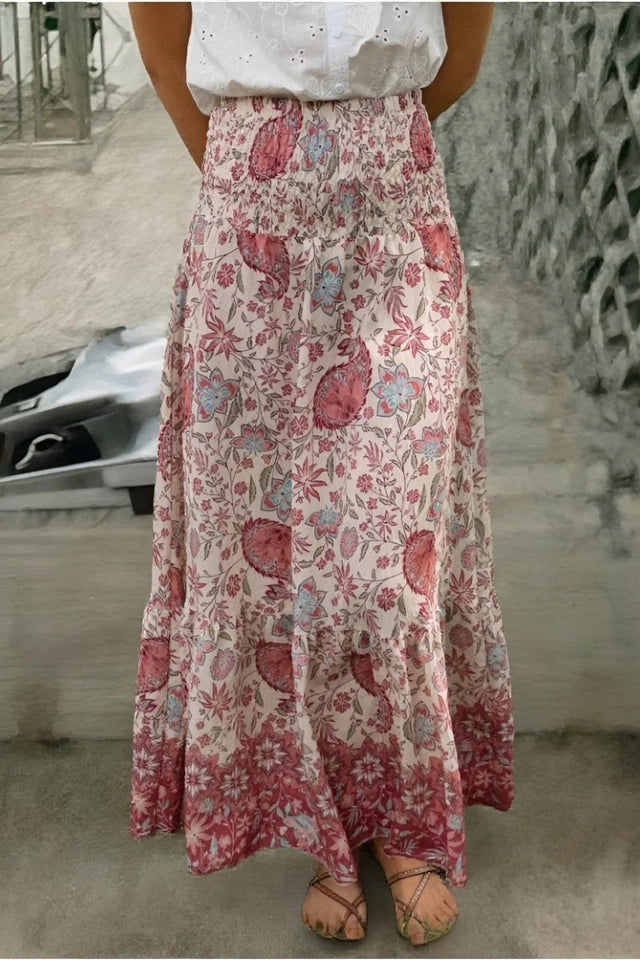 Ladies Boho Floral Flowy Vacation Maxi Skirt-Red