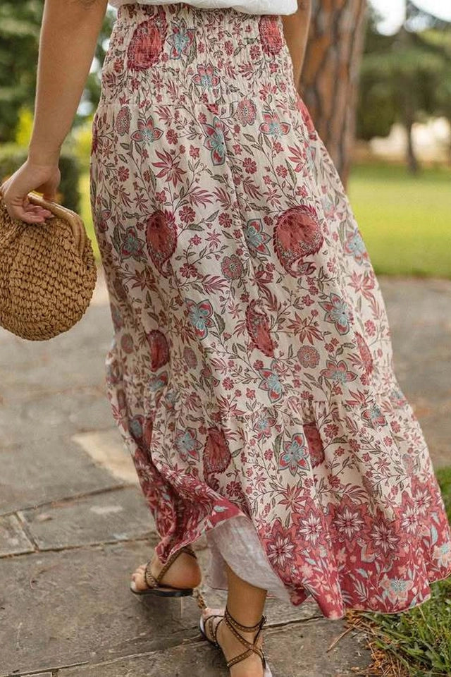 Ladies Boho Floral Flowy Vacation Maxi Skirt-Red