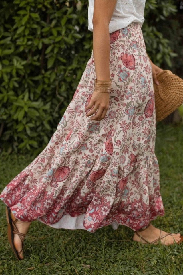 Ladies Boho Floral Flowy Vacation Maxi Skirt-Red