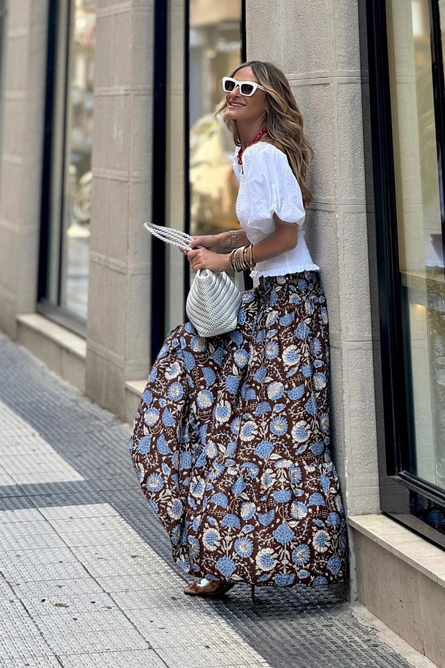 Ladies Floral Elastic Waist Flowy Maxi Skirt-Blue