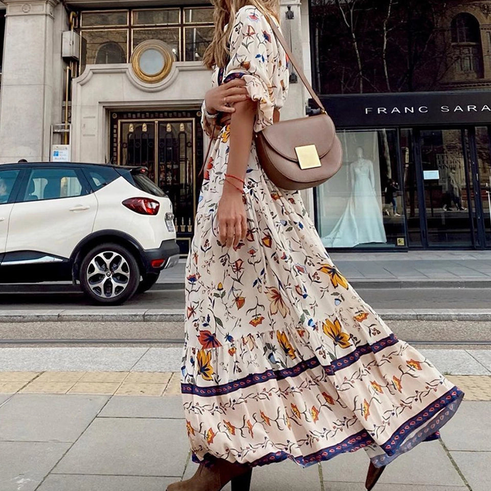 Ladies Ethnic Style Printed V-neck Long Sleeve Swing Dress-Beige