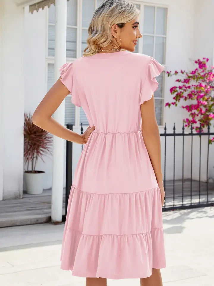 Ladies V-Neck Ruffle Sleeve Solid Color Casual Dress-Pink