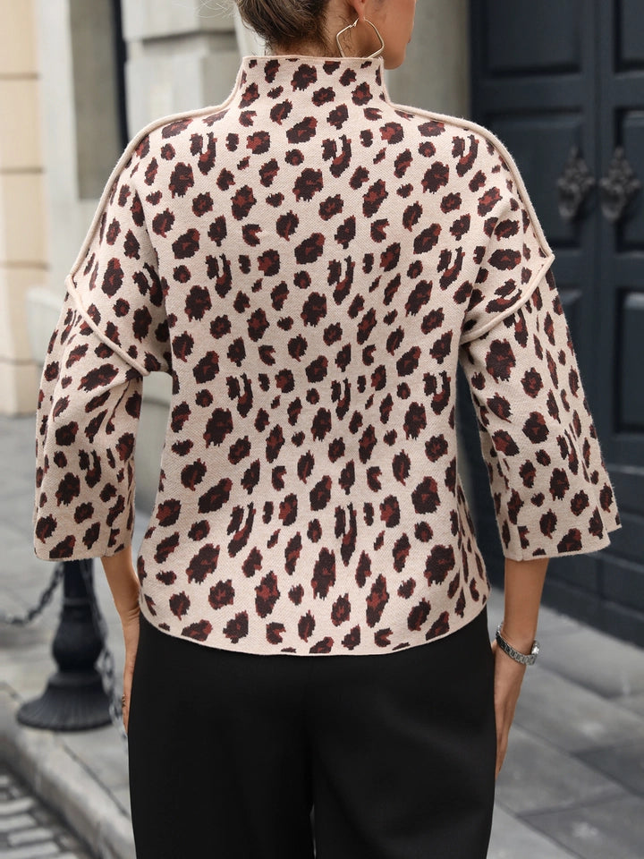 Ladies Loose Leopard Semi-High-Neck Knitted Sweater-Apricot