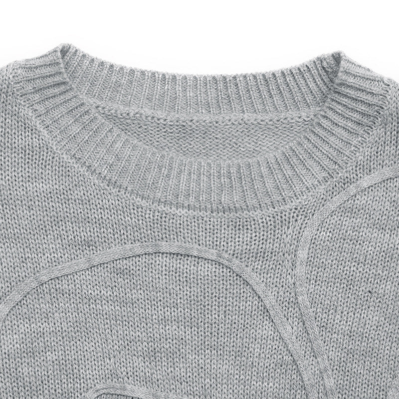 Ladies Three-Dimensional Floral Round-Neck Sweater-Grey