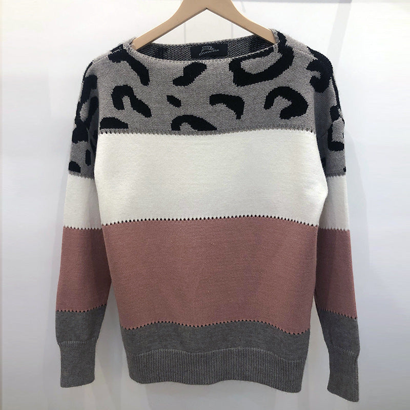Ladies Color-Matching Leopard Print Crew Neck Sweater-Pink