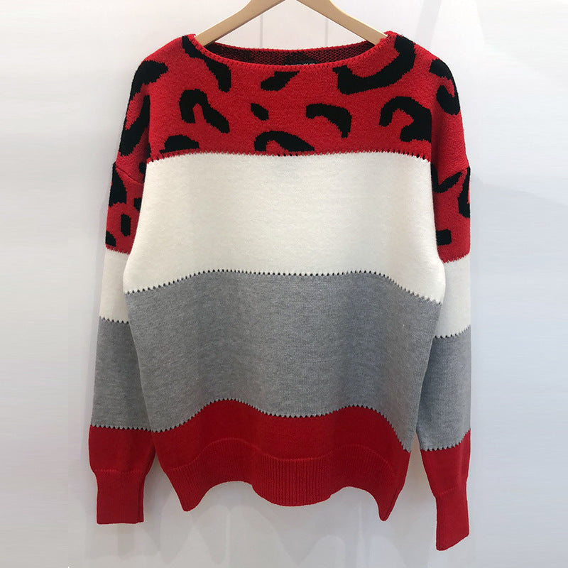 Ladies Color-Matching Leopard Print Crew Neck Sweater-Red