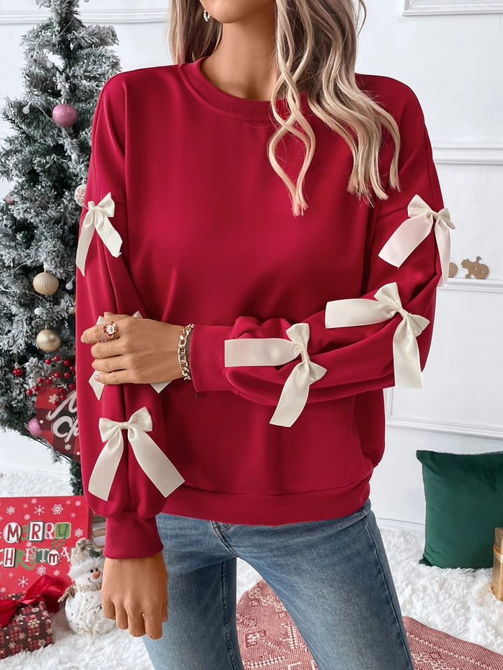 Ladies Bow Embellished Sweatshirt-Red