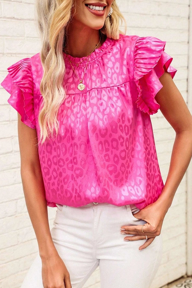 Ladies Leopard Print Lotus Sleeves Top With Wavy Collar - Pink