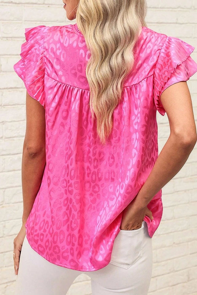 Ladies Leopard Print Lotus Sleeves Top With Wavy Collar - Pink