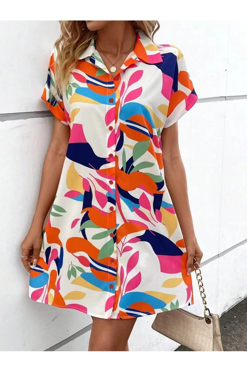 Ladies Summer Print Short-Sleeved Shirt Dress-White