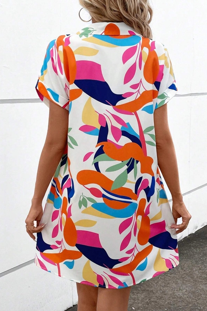 Ladies Summer Print Short-Sleeved Shirt Dress-White