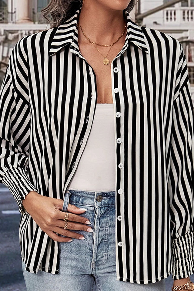 Ladies Fitted Cuff Button Up Stripe Shirt-Black