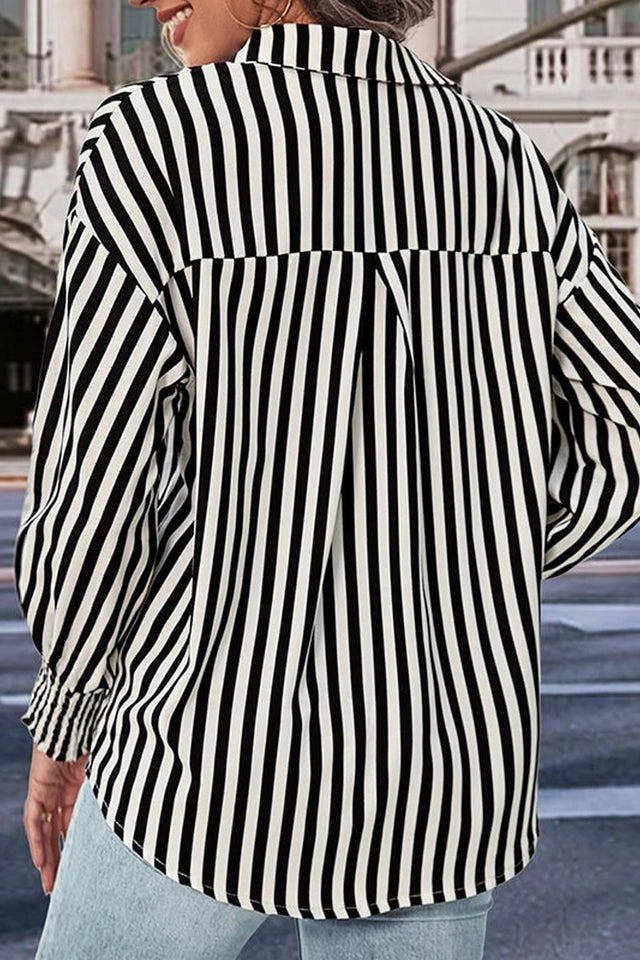 Ladies Fitted Cuff Button Up Stripe Shirt-Black