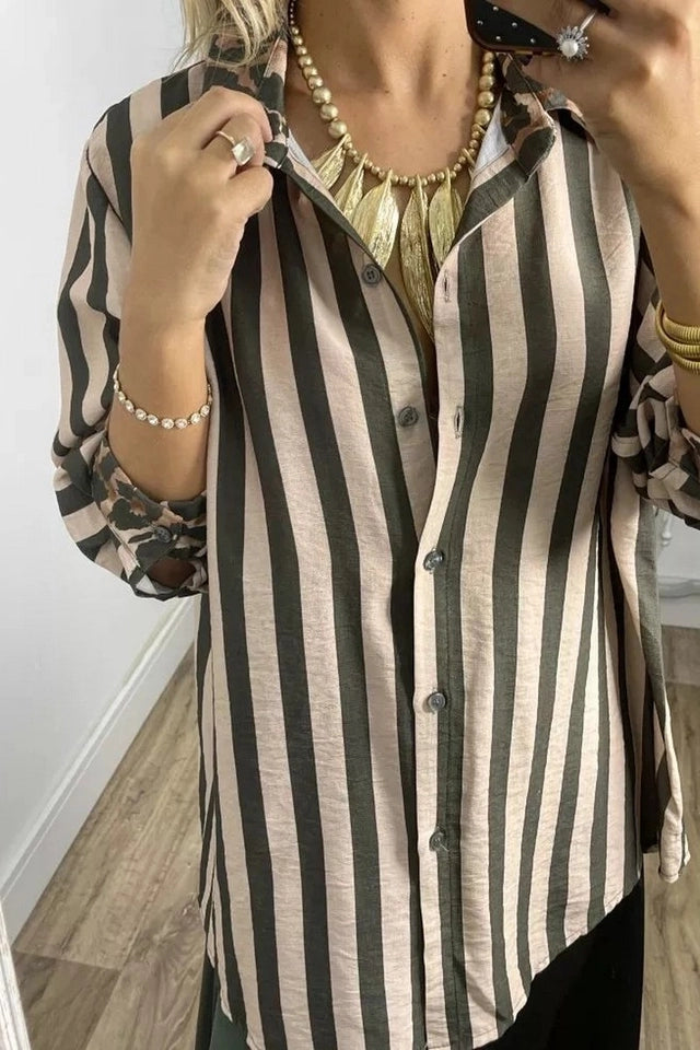 Ladies Stripe and Leopard Print Loos Casual Shirt-Coffee