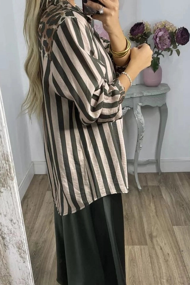 Ladies Stripe and Leopard Print Loos Casual Shirt-Coffee