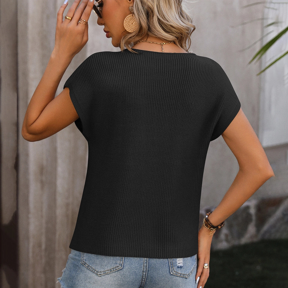 Ladies Loose Solid Color Crew-Neck Sweater-Black