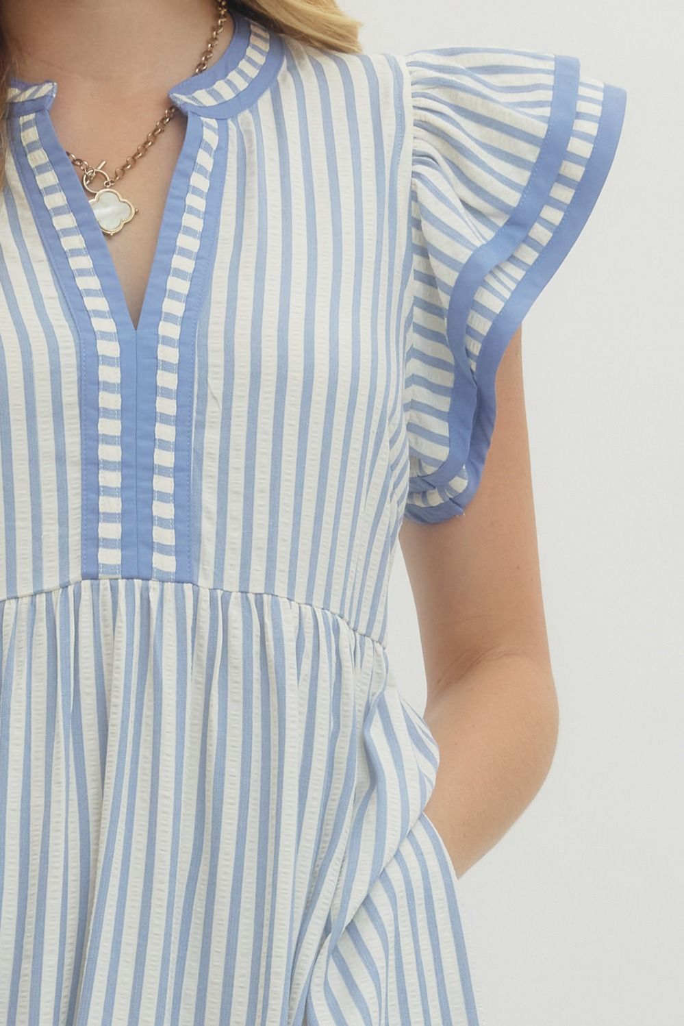Ladies Textured Stripe Pattern Tiered Ruffle Flutter Sleeve Dress by Entro-Light Blue