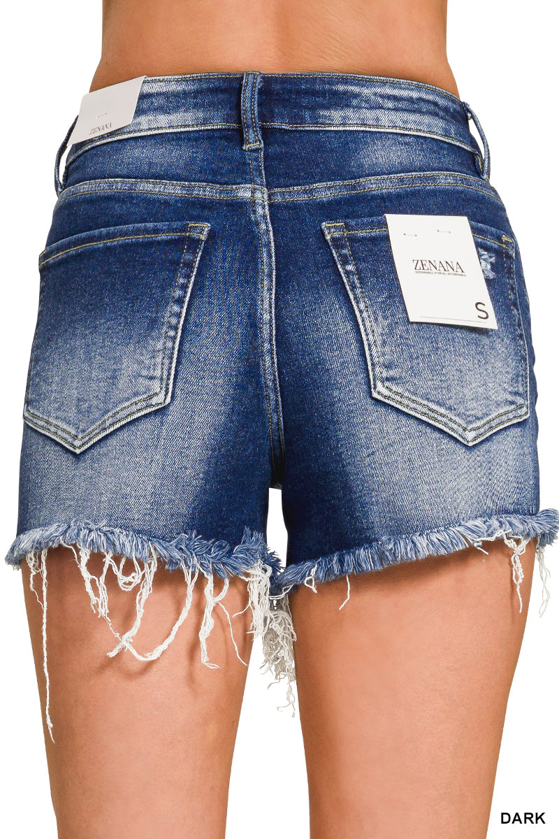 Ladies Dark Washed Raw Frayed Hem Denim Shorts