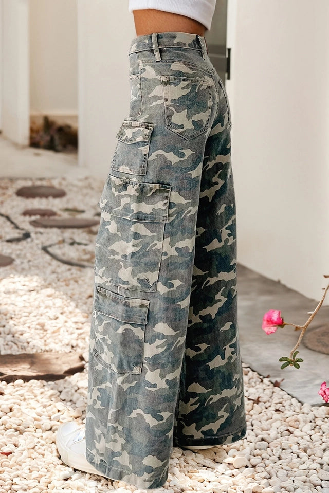 Ladies LDC Camo Denim Cargo Wide Leg Pants