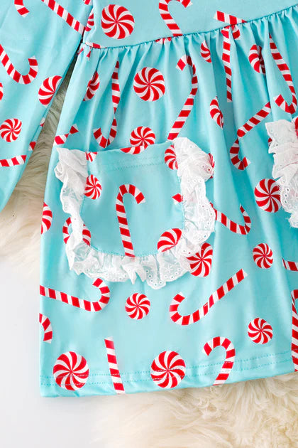 Baby Girls Candy Cane Aqua Dress With Embroidered Pockets