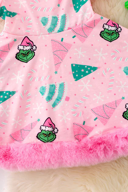 Girls Grinch Dress With Faux Fur Hem