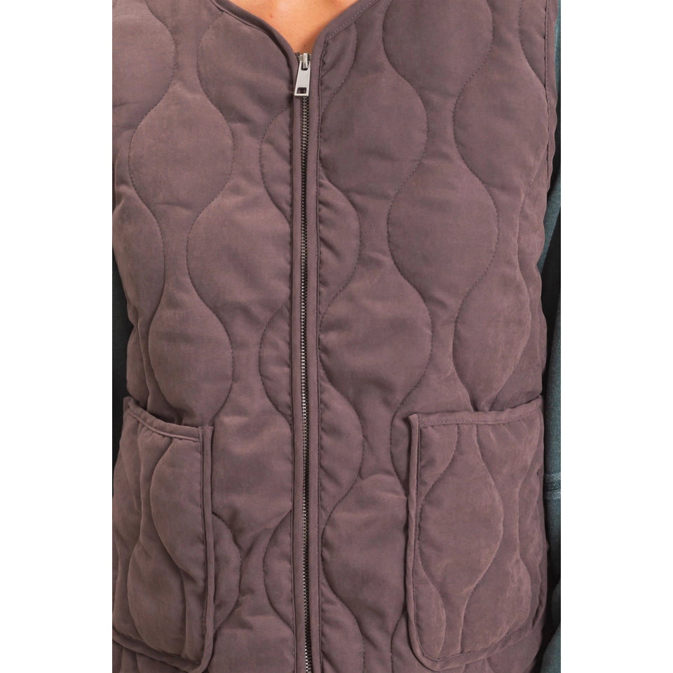 Ladies Quilted Vest With Pockets-Dark Brown