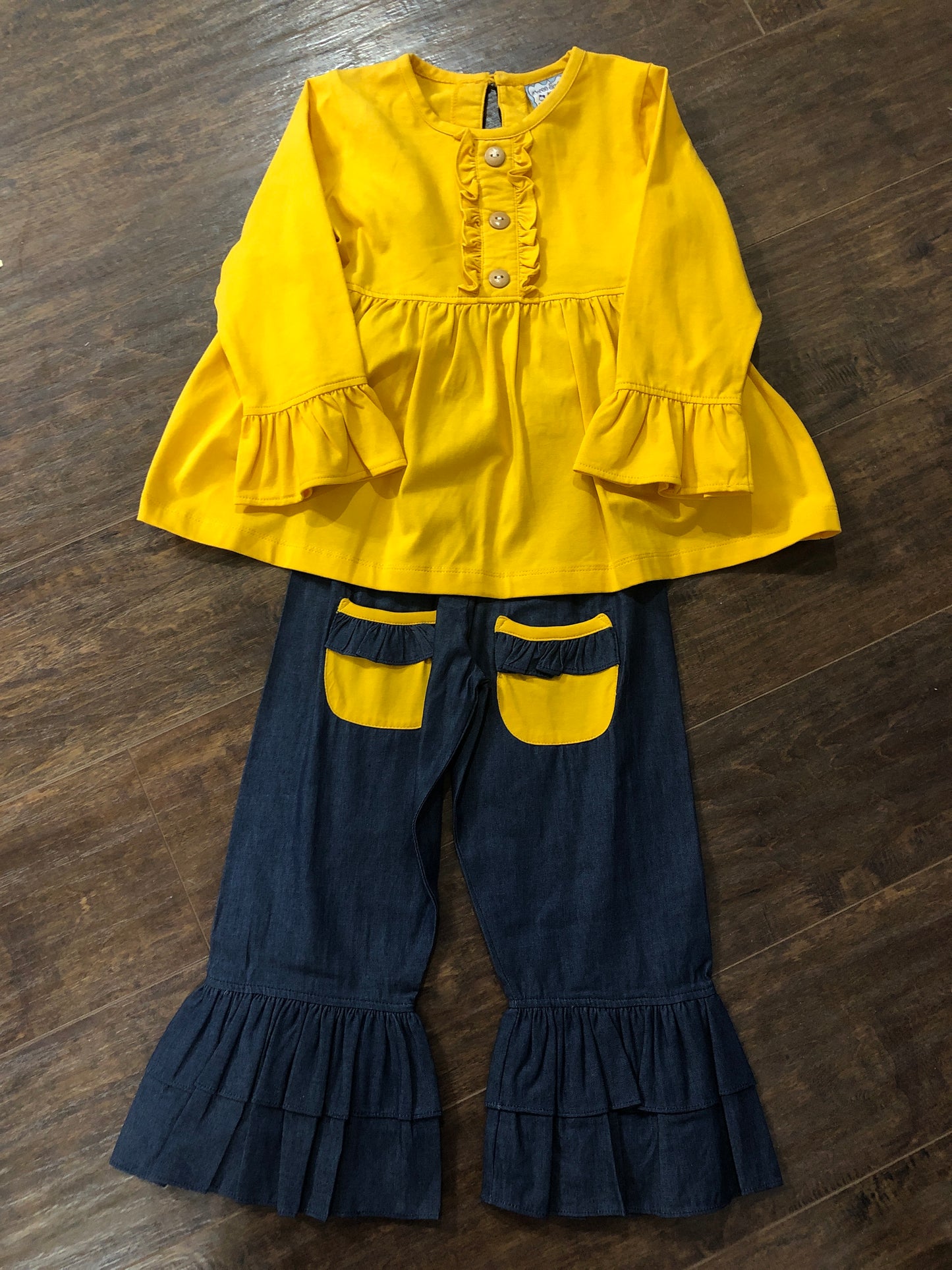 Girls 2 Piece Gold Top with Ruffled Denim Pants by Three Sisters