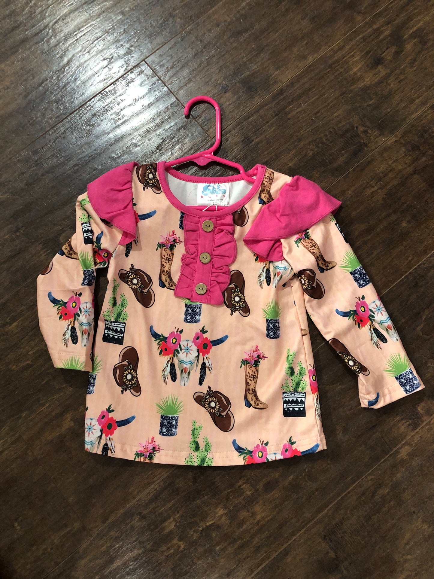 Girls Steer Head Floral Ruffle L/S Shirt by Shea Baby
