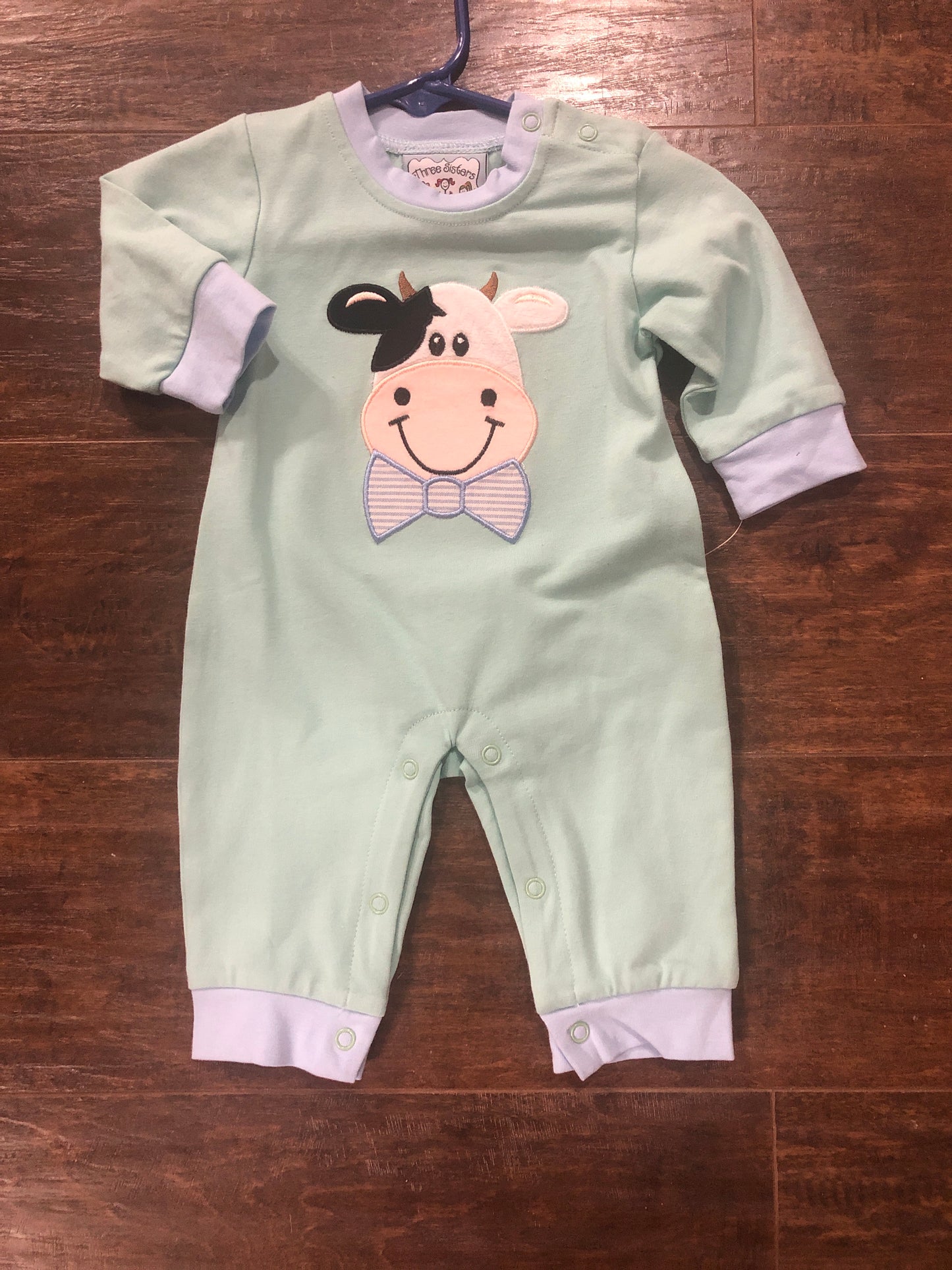 Boys Cow w/Bow Tie on Green Romper by Three Sisters