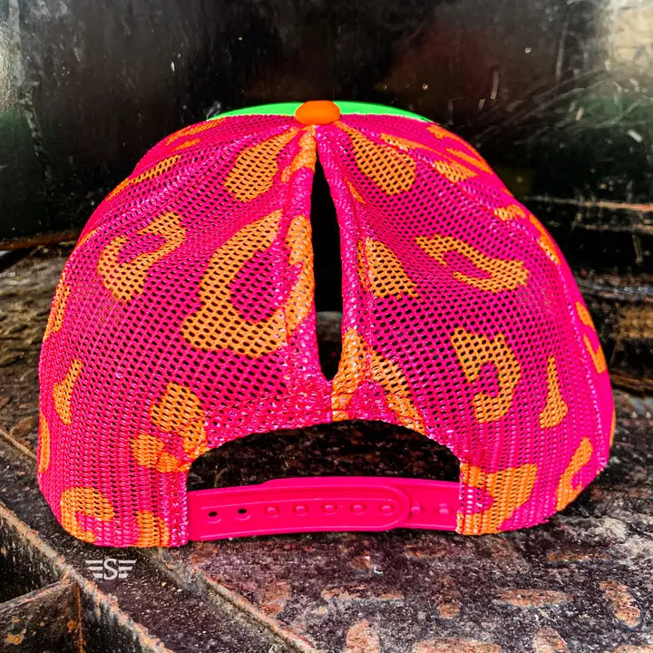 Ladies Neon Leopard Magna Pony Mesh Trucker Hat