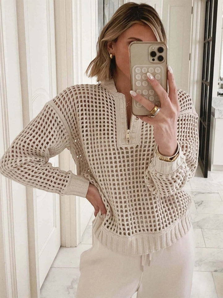 Ladies Zipper Half Open Hollow Long Sleeve Top